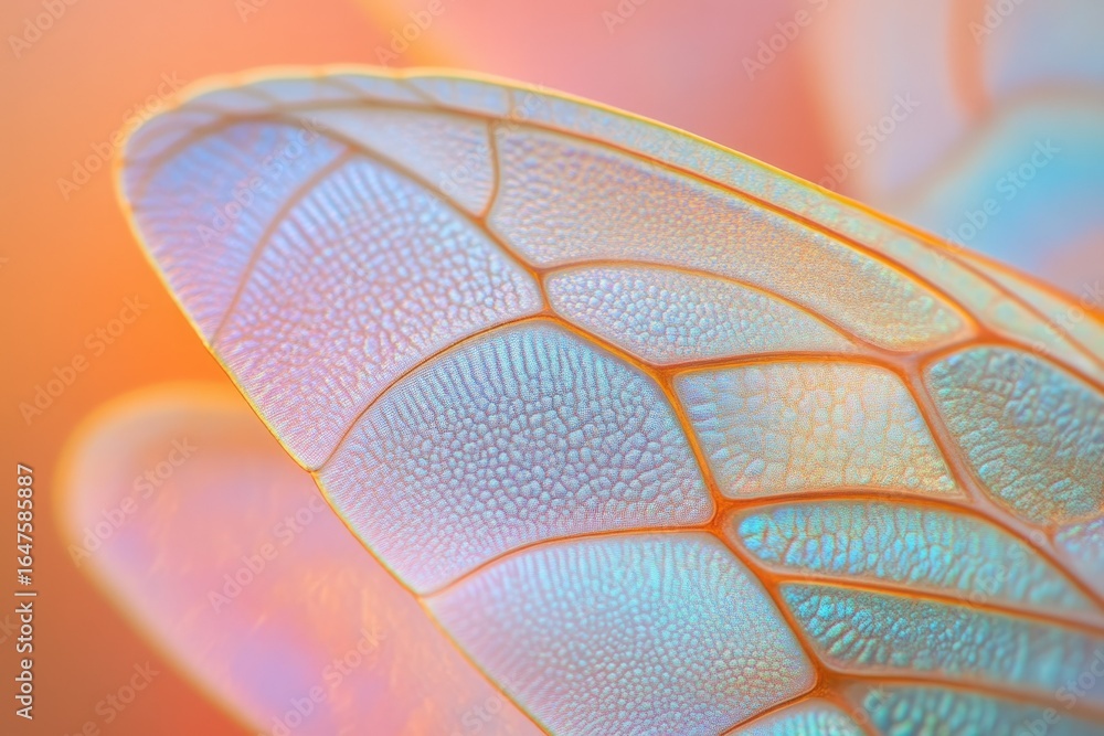 Poster close-up of iridescent dragonfly wing, showcasing intricate vein patterns and delicate texture.