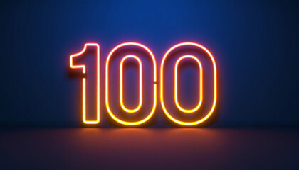 Neon number 100, gradient orange-yellow neon glow, 3D design, dark blue backdrop.