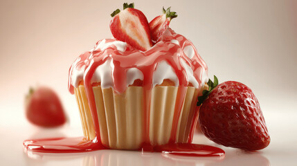 Strawberry Cupcake with Pink Syrup and Berries