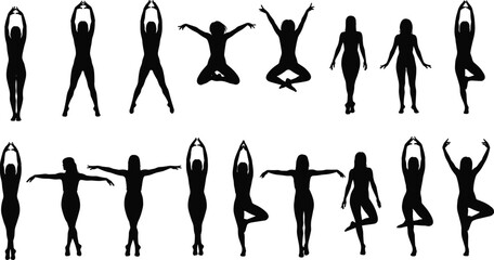 Yoga poses, silhouette collection, black and white, fitness, meditation, balance, flexibility, wellness, exercise, calm, spiritual, body movement, peaceful, posture guide, health, lifestyle, minimal a
