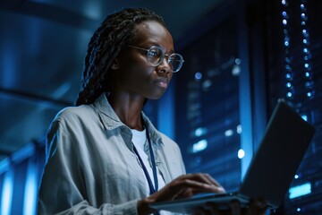 A young African woman with glasses works on a laptop in a server room. The environment is illuminated by blue lights from the servers.
