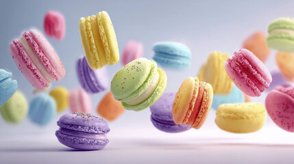 Assorted Colorful Macarons in Motion