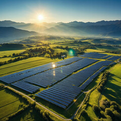 Vast solar farm bathed in golden sunlight, powering a sustainable future