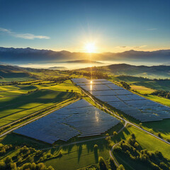 Vast solar farm basks in golden sunrise over green rolling hills