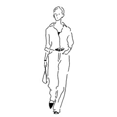Minimal Line Drawing of a Woman in Casual Chic Outfit Walking with Handbag