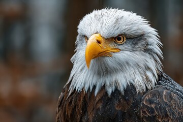 Obraz premium Majestic Gaze of Bald Eagle: A captivating close-up captures the regal essence of a bald eagle, its piercing gaze, pristine white head, and powerful beak, a symbol of freedom and strength.