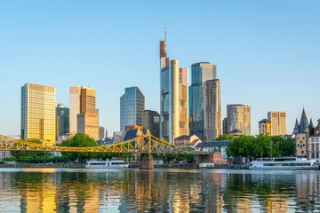 Frankfurt City Downtown Skyscrapers, Bridge and Main River on Sunny Morning. Golden Hour. Hesse, Germany © mzabarovsky