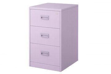 Purple metal filing cabinet with three drawers and a lock, isolated on a transparent background, perfect for office or home organization