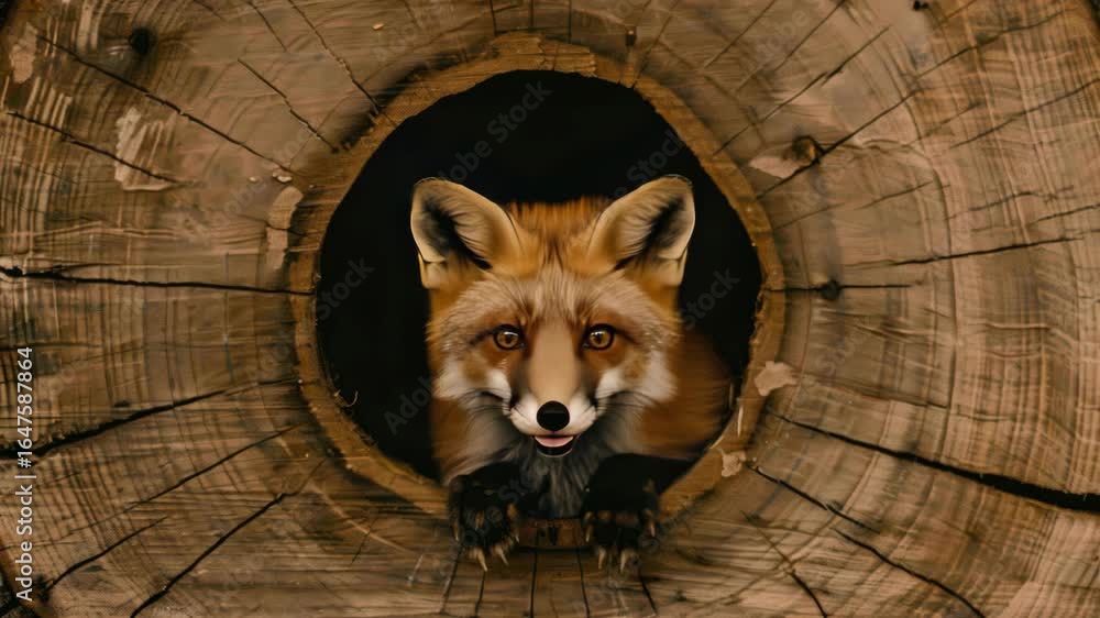Poster a fox emerges from a log, showcasing its playful demeanor while exploring its surroundings in the wi