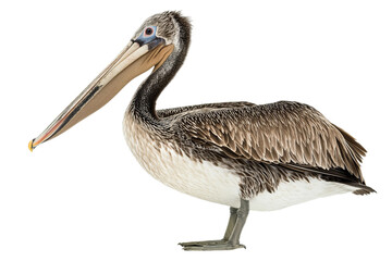 A mature brown pelican showcasing its intricate feathers and long beak.