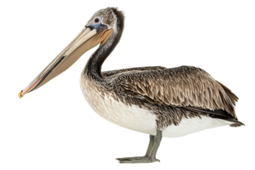 A mature brown pelican showcasing its intricate feathers and long beak.