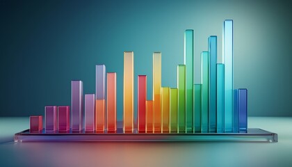 3d glass bar chart showing steady growth and progress colorful infographic for business data visualization financial analytics report presentation on clean modern background