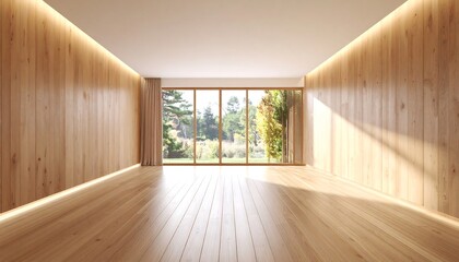 Fototapeta premium Empty light-filled modern room with hardwood floors and large windows
