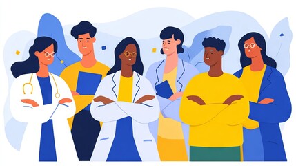 Group of diverse healthcare professionals standing confidently with arms crossed, wearing lab coats and casual attire, showcasing teamwork and collaboration in a modern medical environment