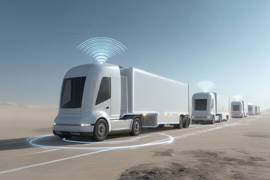 An EV truck platoon communicating with each other wirelessly