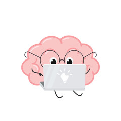 Funny comic human cartoon brain character using laptop
