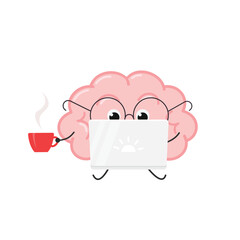 Cartoon brain character uses laptop holding cup of coffee