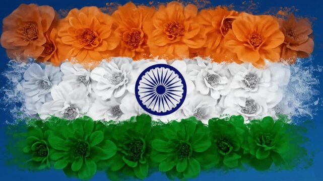 Indian flag made of flowers with orange white and green petals and blue chakra emblem
