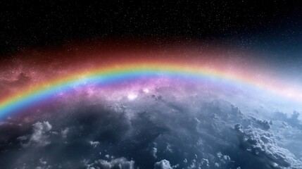 Fototapeta premium Vibrant rainbow arcing above earth with starry night sky