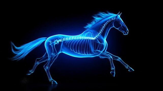 Animated blue horse skeleton running on a black background, X-ray effect creates a unique and