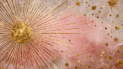 Obraz premium Golden Sunburst with Sparkling Stars on Soft Pink Marble Background