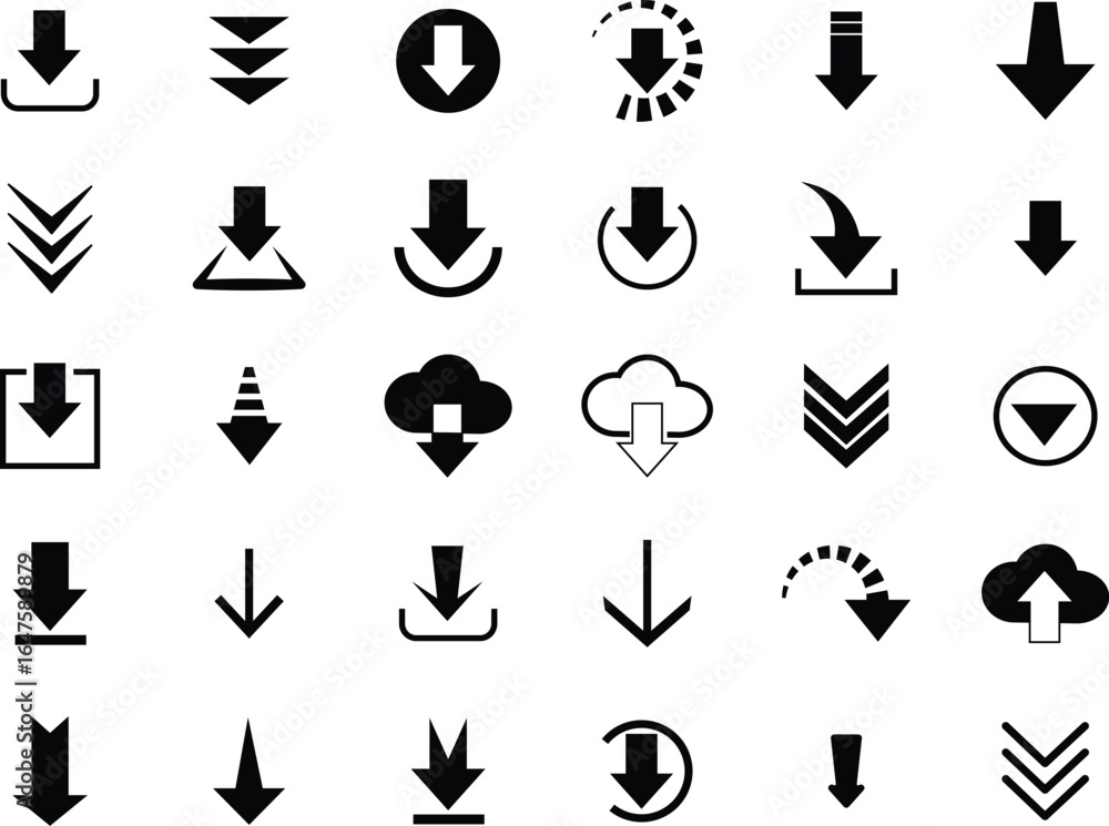 Poster download flat icons set with arrows and buttons, vector file and software symbols, simple web interf