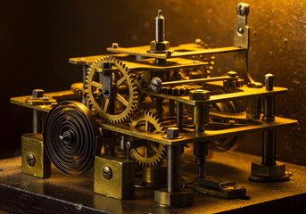 Fototapeta premium A close-up view of a complex clock mechanism with intricate gears and springs.