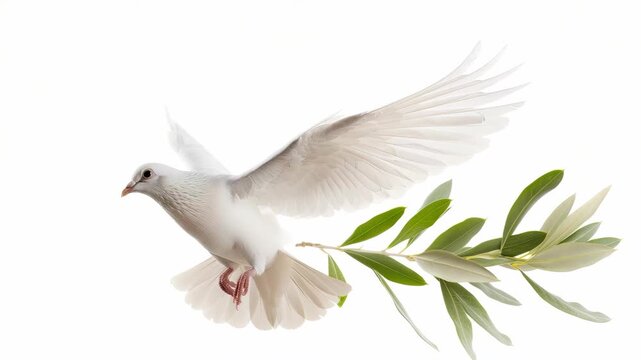A white dove gracefully flies through the air, carrying an olive branch, embodying the essence of peace and tranquility in nature