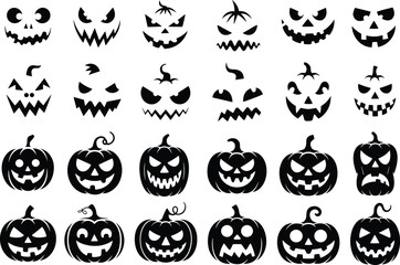 Obraz premium Collection of black and white Halloween pumpkin faces and jack o lantern designs carving