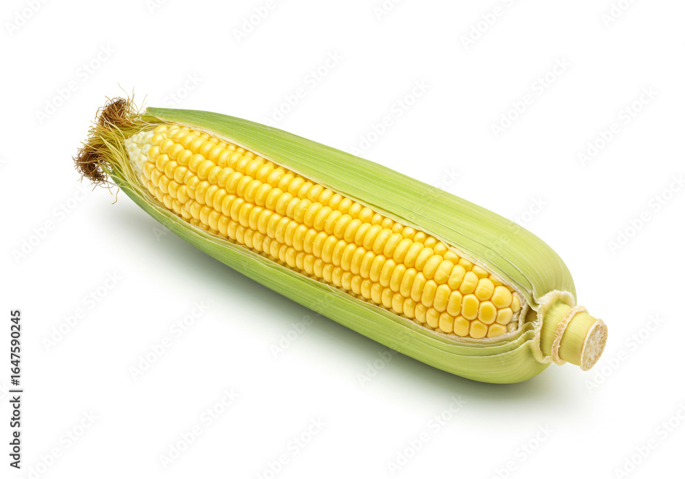 Poster isolated image showing a single ear of corn with green husk and yellow kernels on a white background