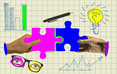 Trendy Halftone Collage Two Hands combine puzzle pieces. Teamwork and brainstorm concept. Business idea and solution. Partnership relationship. Contemporary art vector illustration
