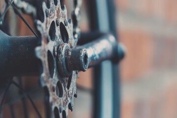 Close-up of a rusty bicycle chainring and crankset, showing wear and tear.