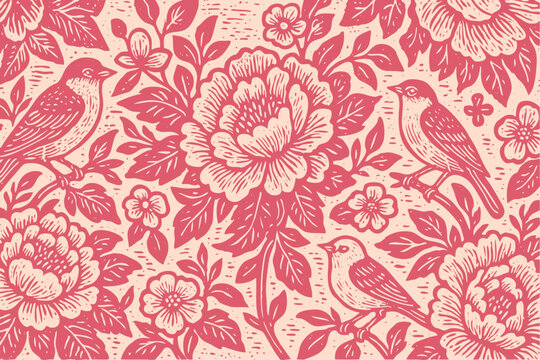 An elegant floral pattern featuring birds among blooming flowers. Vector background in a vintage, woodcut or block print art style.