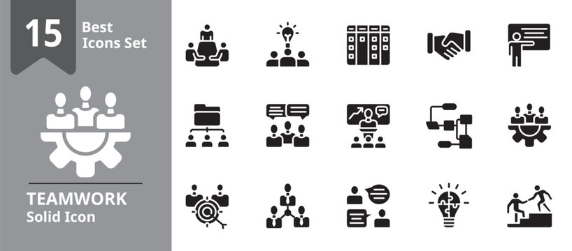 Solid icon set showing teamwork and collaboration concepts including meetings, brainstorming, project planning, shared tasks, and communication tools. Perfect for business presentations.