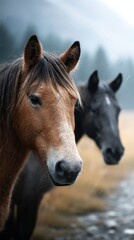 Beautiful horses stand together in a misty meadow during a rainy afternoon in a serene landscape