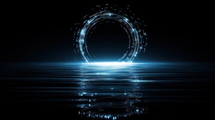 A glowing digital ring floats over dark water, casting neon reflections and ripples, a sci-fi gateway and interface; futuristic energy, a backdrop for technology, games, presentations, advertising