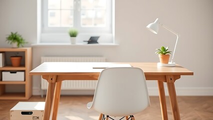 Scandinavian-style wooden desk with white chair and potted plant in natural window lighting.