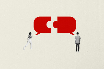 Image full pop trend collage of two happy man girl business partners cooperation teamwork puzzle connection piece jigsaw