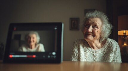 A woman is sitting at a table with a tablet in front of her