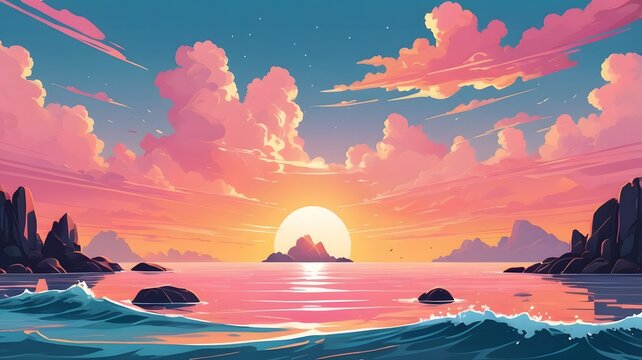 Vibrant Horizon A Tranquil Seascape with Pink Clouds and a Glowing Sunset, Islands Silhouette and Gentle Waves