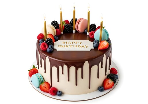 Chocolate birthday cake with lit candles isolated on white background - Powered by Adobe