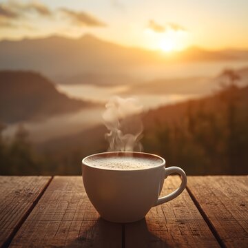  A steaming cup of coffee sits on a wooden table overlooking a stunning sunrise over misty mountains., Serene Sunrise Coffee Moment A steaming cup of coffee rests on a rustic wooden surface,