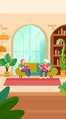 Naklejka premium Two women, one with a headscarf and the other with white hair, are reading books on a green sofa in a cozy living room filled with plants and bookshelves, creating a warm atmosphere