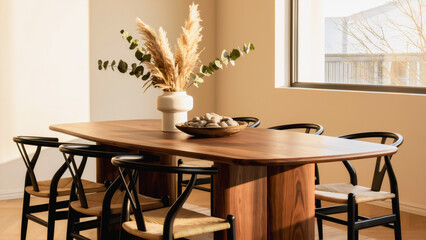 Minimalist Dining Room with Warm Light & Natural Elements, A beautifully styled, modern dining area bathed in soft, natural light.