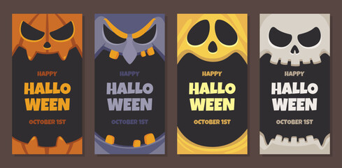 Set of four vertical Halloween banners featuring cartoon style character such as ghost, pumpkin, witch, and skull. Perfect for party invitations, seasonal flyers, greeting cards, and more