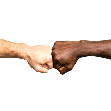 Two fists, one light-skinned and one dark-skinned, touching each other in a gesture of unity or greeting