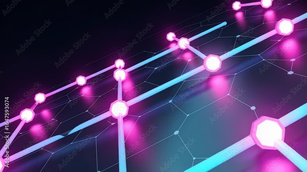 Poster neon lights network grid pink blue nodes digital connection pattern background