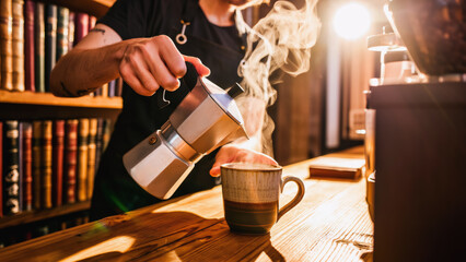 Pouring Coffee with Moka Pot, A close-up shot captures a moment of quiet domesticity as hands pour freshly brewed coffee from a traditional Moka pot into a mug.