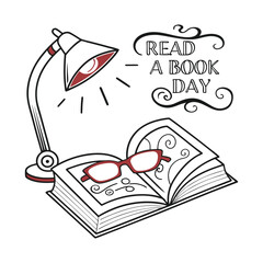 Illustration of reading encouragement with lamp book and glasses promoting daily reading and lifelong learning for knowledge and self improvement