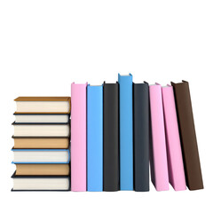 A collection of hardcover books in various colors including brown, blue, black, and pink, arranged both standing and stacked horizontally